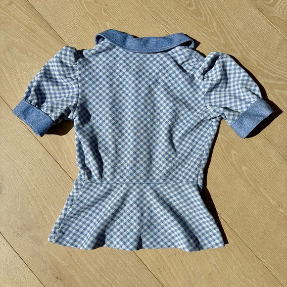 Vintage 1970s Zazie London Blue Peplum Checkered Gingham Blouse - Picture 5 of 5